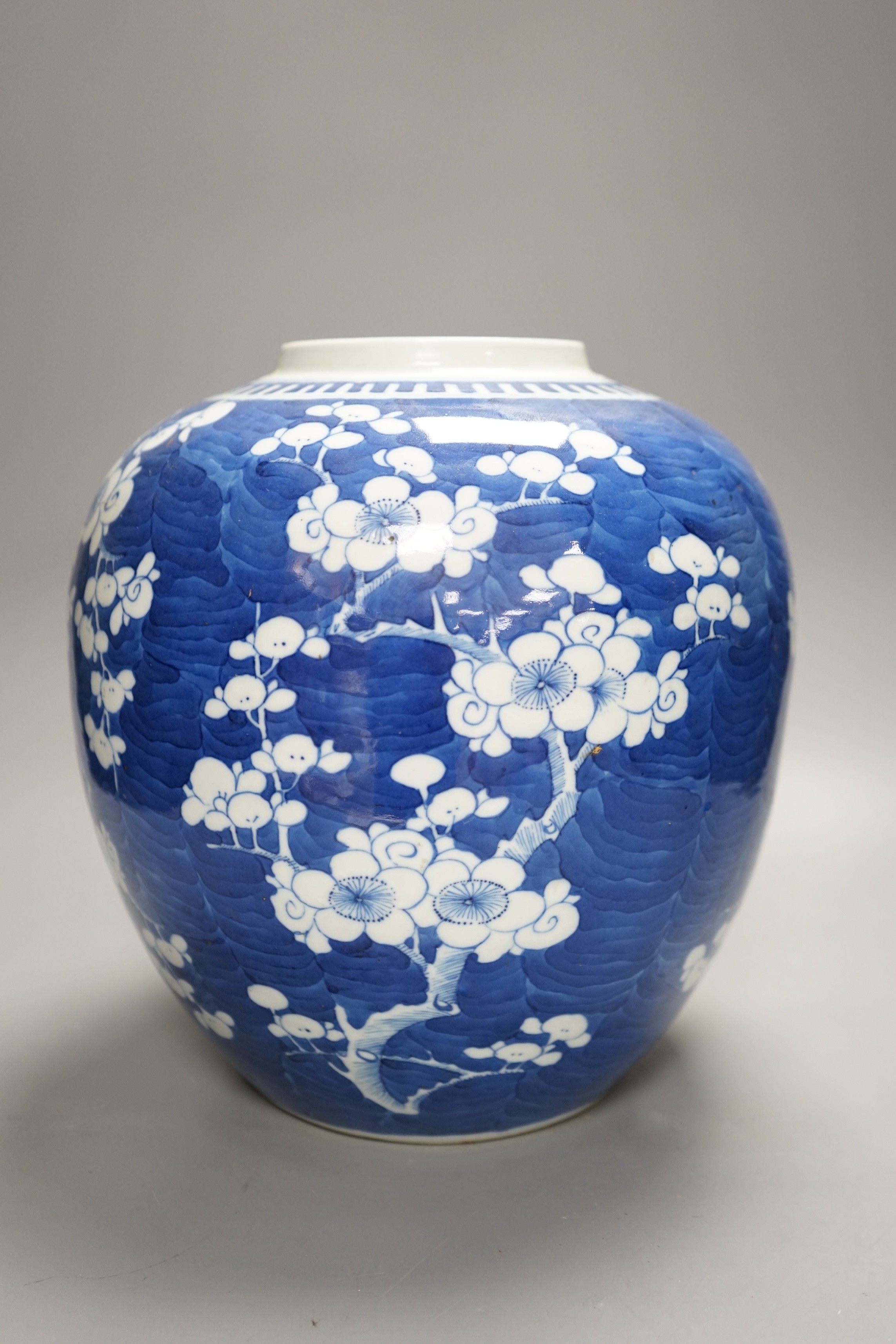 A large Chinese blue and white Prunus jar, 19th century, 27cm